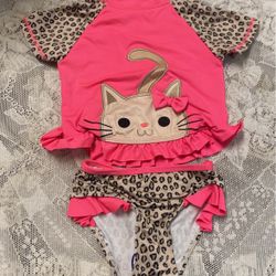 Two Pcs Baby Girl Pink Leapord Print Bathsuit. Size 24 Months 