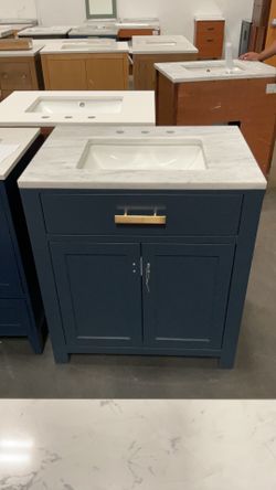 30” Blue Solid Wood Bathroom Vanity with Marble Top (V71)