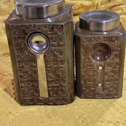 Pier 1 Imports Canister Set Stoneware Reactive Glaze Metal Scoop Set of 2