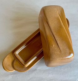 Vintage Frankoma Pottery Butter Dish Plainsman Brown 4K Line Lidded Dish