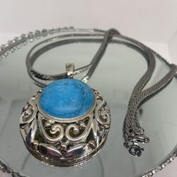 Vintage Circle Turquoise Herringbone Chain Necklace Silver Tone Necklace 