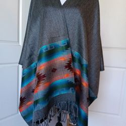 Unisex Andean Poncho Reversible Grey Black Sides, HQ, Handmade In Ecuador 