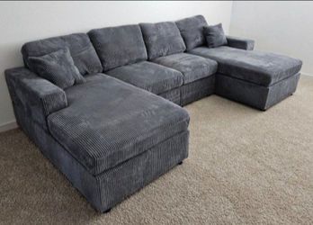 ✅️✅️4 pc grey corduroy fabric sectional sofa with double chaise.✅️✅️✅️