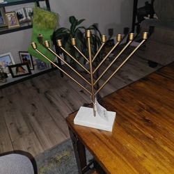 Hanukkah Gold Metal with White Stone Base Menorah