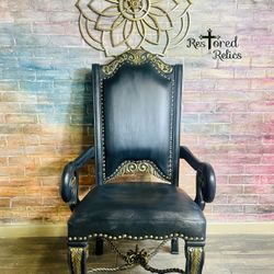 Large Beautiful Ornate, Black, Leather Chair