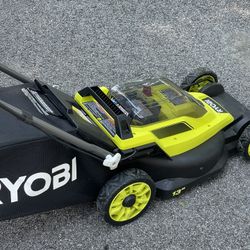 16” 18v Ryobi Mower battery charger and rear bag all included new