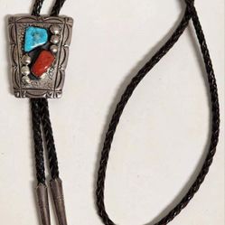 925 Sterling Silver Turquoise & Coral Bolo Tie