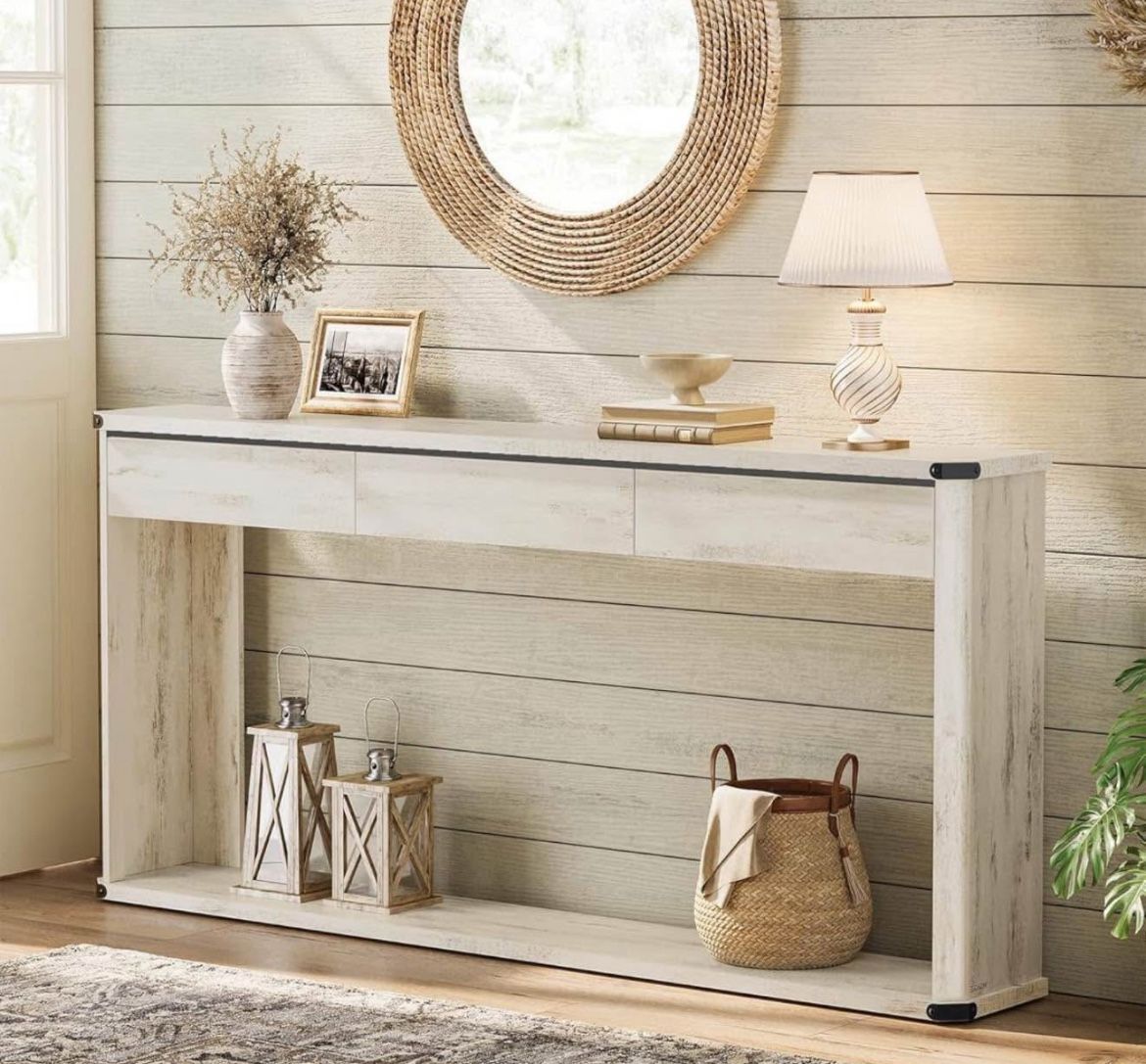 Console Table, 63 Inches Sofa Table, Narrow Entryway Table, Entry Table with 3 Drawers, Bottom Shelf, Metal Corners, for Living Room, Bedr