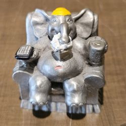 Hudson Pewter Mini Elephant Couch Potato holding Remote Control, Popcorn & Soda.