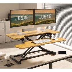 Adjustable Standing Desk Converter 35” Flexispot Bamboo Texture