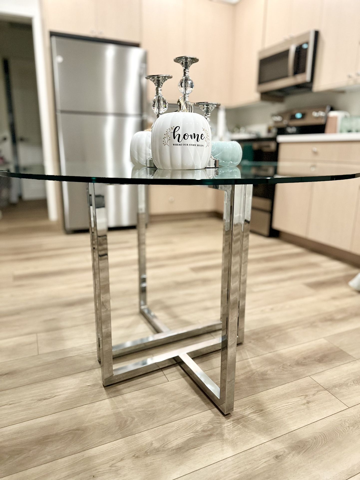 CB2 Glass Chrome Round Table