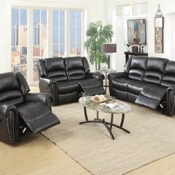 BLACK 3 PC RECLINER SET WITH ACCENT STUDDING