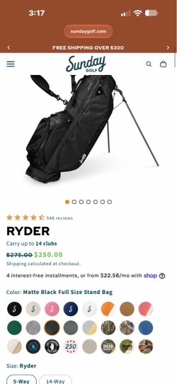 Brand new Sunday Golf Ryder Full-Size Stand Bag in Matte Black! ⛳🖤