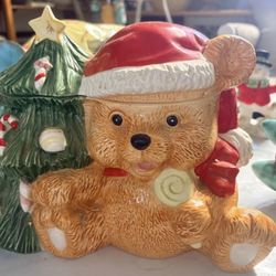 vintage ceramic Christmas teddy bear cookie jar