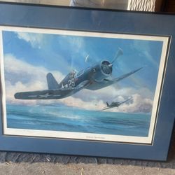 "Solomon Sea Incident" - Vintage Framed Lithograph - F4U Corsair
