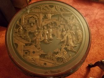 Oriental carved, glass-topped, round table with 4 chairs