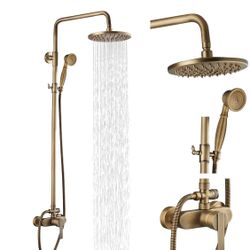 Airuida Antique Brass Exposed Pipe Shower System Shower Fixture Single handle 8 Inch Rainfall Shower Head Shower Faucet Adjustable Shower Head Bar Mod