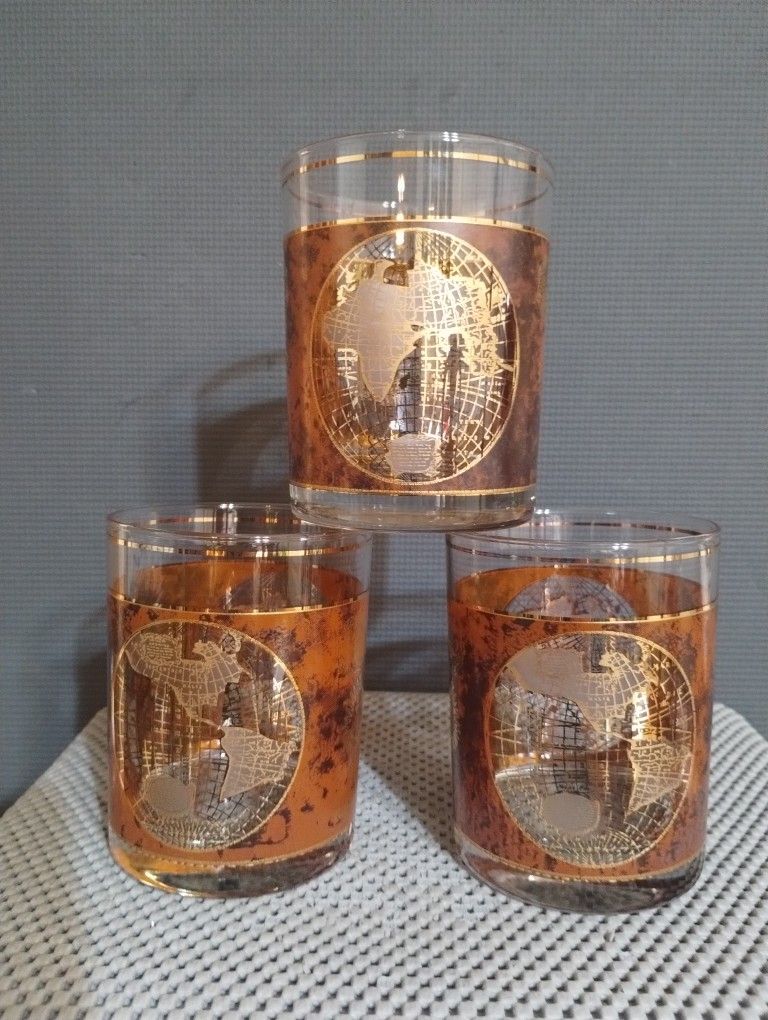 Set of 3 Culver 22K Gold Terrarvm Orbis Geographica Lowball Glasses