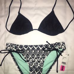 BRAND NEW - Sunset Separates SIZE S Black String Bikini Top & Bikini Nation SIZE S Black & White Side Tie Bikini Bottom 