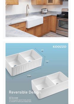 Koozzo 33-Inch Farmhouse Ceramic Kitchen Sink, Reversible Double Bowl Farm Sink with Strainer and Grid, KS1104-3318D-G