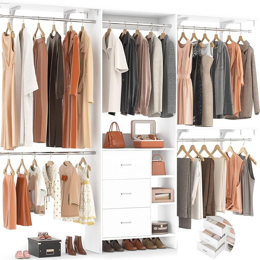Closet System, Closet Organizer with 3 Wooden Drawers, 8FT Closet Organizer System, 96’’ Walk-in Closet Wardrobe Clothes Rack with Hanging Rods, Garme