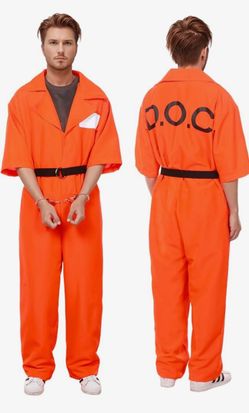 Prisoner Halloween Inmate Costume Set with Orange Jumpsuit Belt Handcuffs Outfit