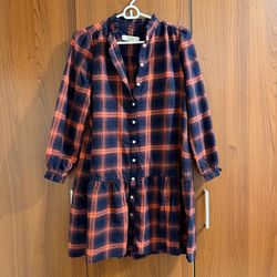 LOFT Navy and Orange Plaid Button-Front Smock Dress