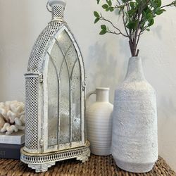 Large Antique Style Mercury glass Hanging Lantern Candle Holder Collectible Weathered Rustic Table Centerpiece decor Arched Large Collectible Retro An
