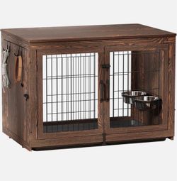 Piskyet Wooden Dog Crate Furniture with 360°Rotatable Removable Dog Bowls