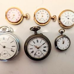 6 Very old antique pocket watch collection for sale.  Many over 100 years old.  Some solid 925 Sterling Silver? All items in the individual pictures 