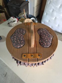 Vintage Wooden Sewing Basket with Floral Fabric