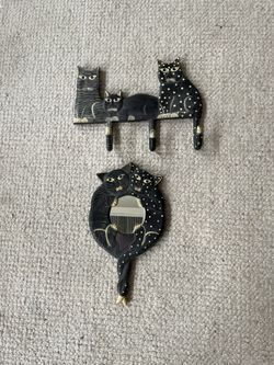 Hand Made Hanging Wooden Cat Mirror And Hat Rack
