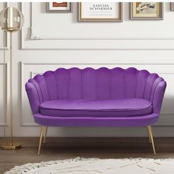 52" Purple Velvet Loveseat Sofa with 2 Pillows, Modern 2-Seater Sofa Upholstered Tufted Love Seat Couch with Golden Metal Legs for Living