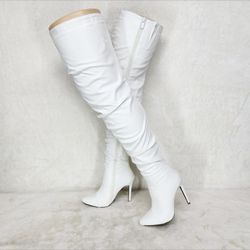Victoria White Thigh High Over The Knee Slouch Scrunch Boots High Heels