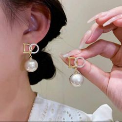 925 Silver Pin Letter & Faux Pearl & Crystal Decorated Earrings, Fashionable & Elegant Ol Style Ear Jewelry