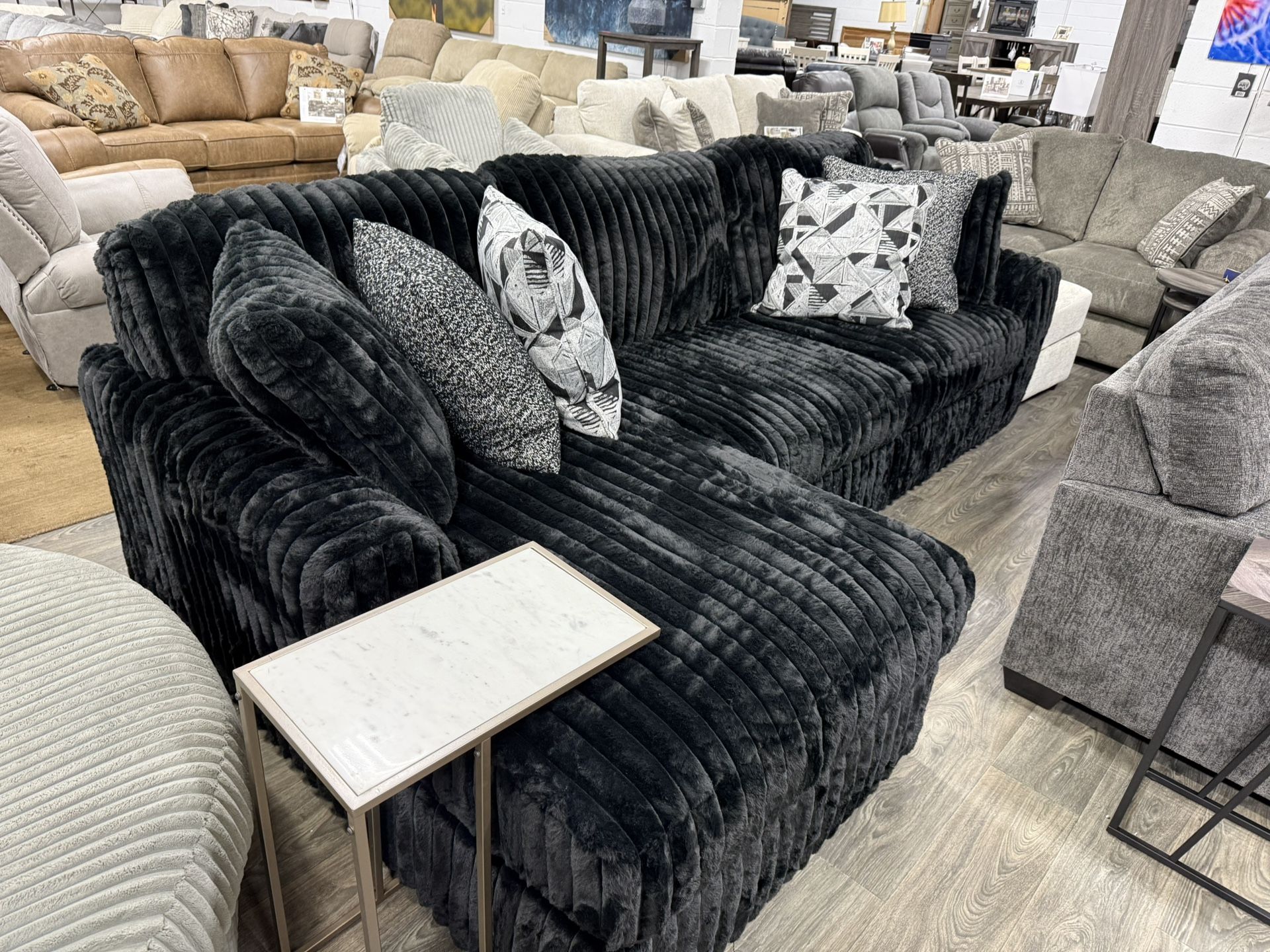 Fluffy Black Corduroy Sectional Couch