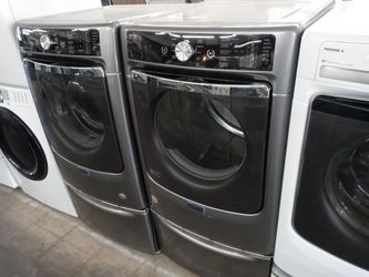 Maytag gray front load washer and gas dryer set on pedestals - Free delivery