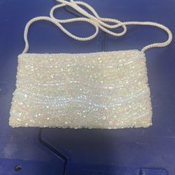 Small Ivory Pearl Beaded Sequin Shoulder Strap Purse Formal Bridal Prom Dance