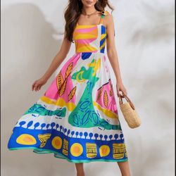 Women's Bohemian Graffiti Print Maxi Dress with Thin Straps