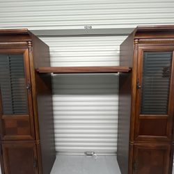 Vintage Solid Wood Wardrobe Armoire Closet Set With Glass Doors, CDs & Shoe Storage