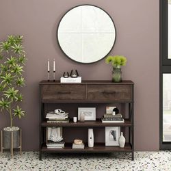 Homfa Console Table with Drawers, 11.8'' Narrow Entryway Table with Storage Shelves, Sofa Table for Living Room, Dark Brown