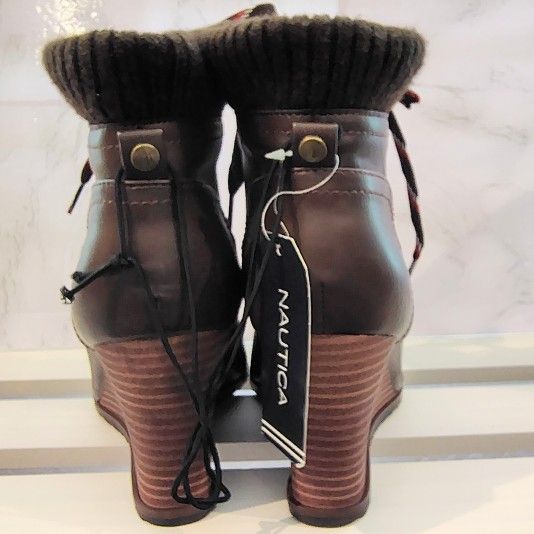 NAUTICA "Brandt" Lace-Up Chocolate-Brown Faux-Leather Booties w/Wedge Heel