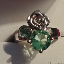 925.Silver Aqua Green and CZ Gemstone Rose Bud Ring 