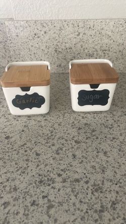 White Kitchen Canisters with Bamboo Lids Set of 2
