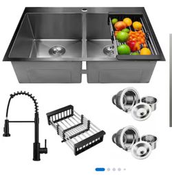 Drop-in 33-in x 22-in Stainless steel Double equal bowl Kitchen Sink All-in-One Kit