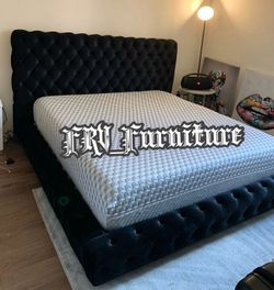 King Black Velvet Tufted Upholstered Bed F