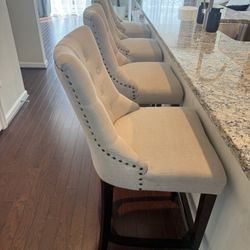 Set of 4 Upholstered Bar Stools – Tufted, Nailhead Trim, Counter-Height