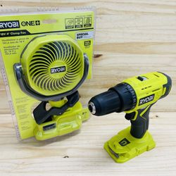 RYOBIONE+ 18V Cordless 1/2 in. Drill/Driver and RYOBIONE+ 18V Cordless 4 in. Clamp Fan (Tool Only)
