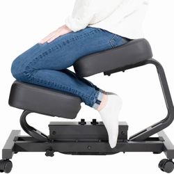 Rocking Kneeling Chair, Ergonomic Rocker Stool for Home and Office, Angled Posture Seat, Black Frame, Black Cushions