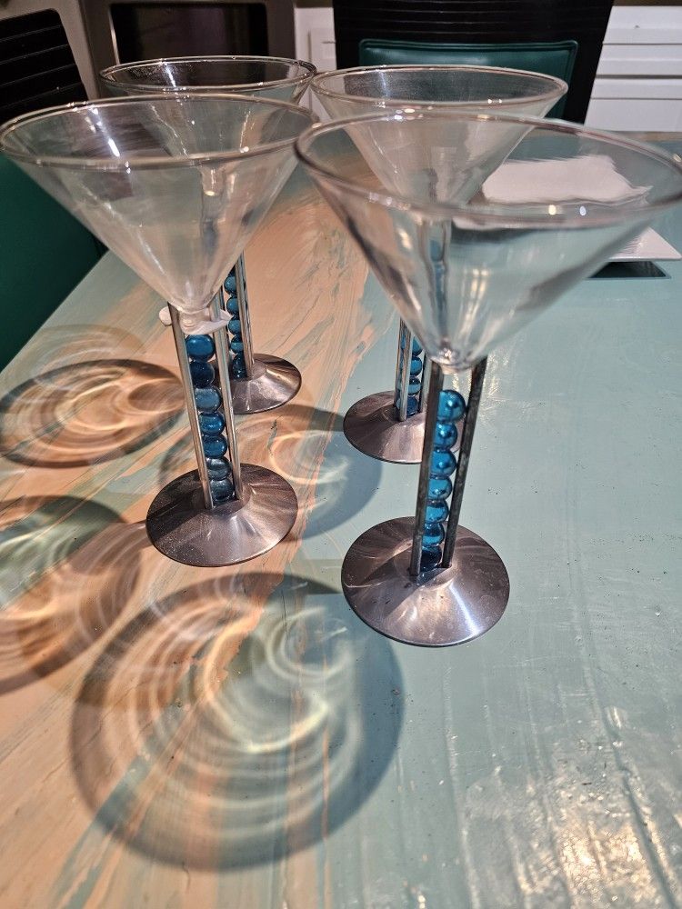 Vintage Patricia Heller 1999 Bombay Sapphire Blue Marbles Martini Glasses Set 4